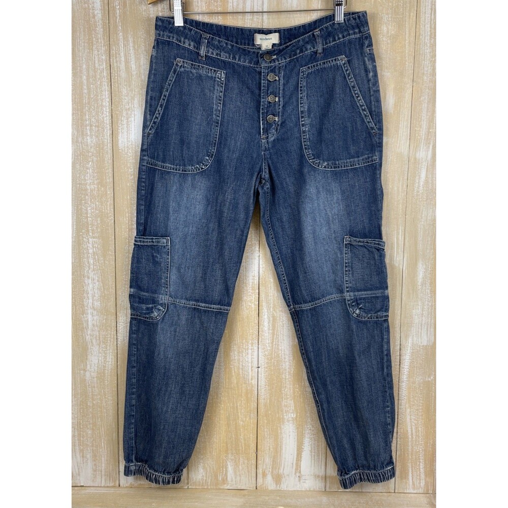 Sundance Jolienne Pant 10 Denim Jogger Cargo Exposed Button Fly 100% Cotton